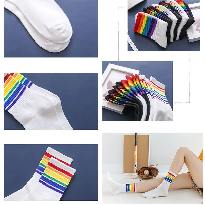 

Rainbow Striped Girls' Crew Socks Korean Style Autumn Cotton Sweet Colorful High Quality Women Novelty Casual Black Ankle Socks