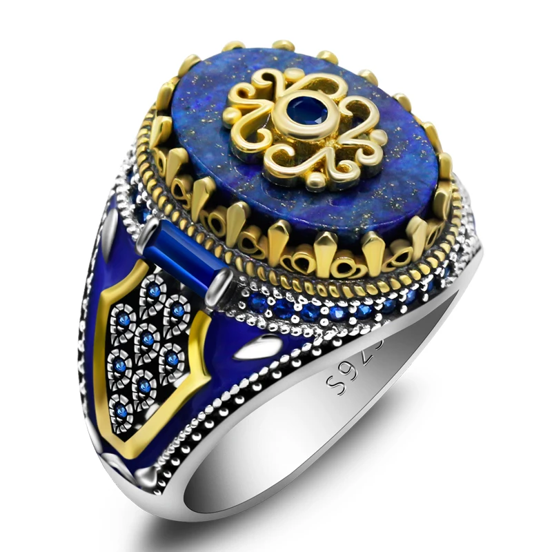 

New Male Punk Rings Crown Rings Natural Lapis Lazuli Men's 925 Sterling Silver Blue Enamel CZ Rings Turkey Men's Jewelry Gifts
