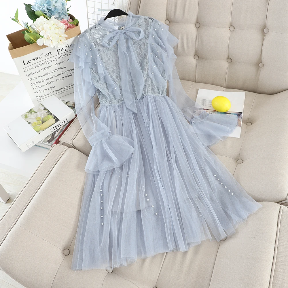 New ruffled bow tie with beaded mesh stitching lace temperament ladies two-piece dress | Женская одежда