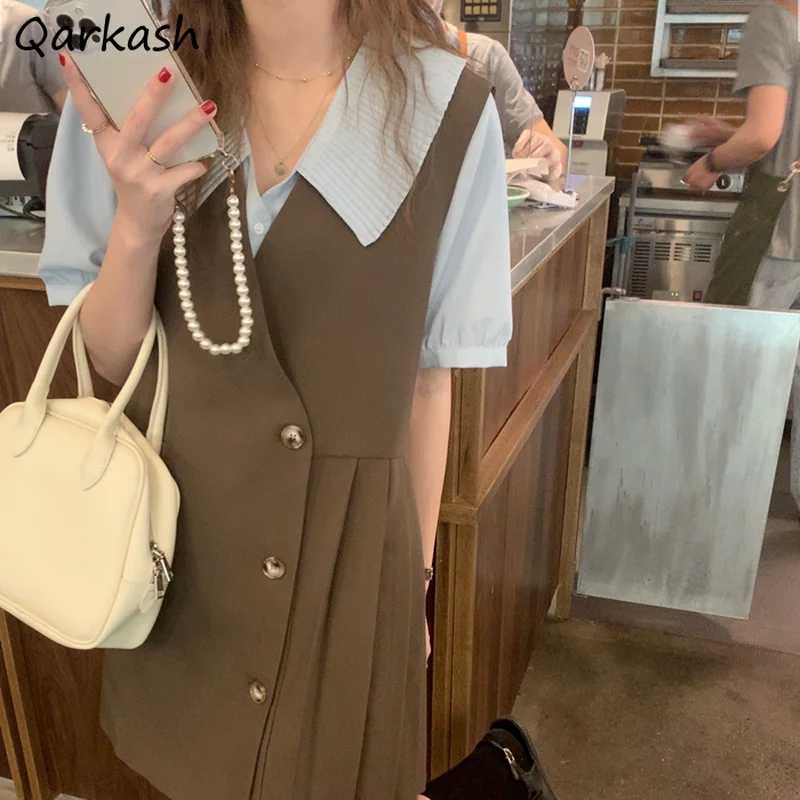 

Women Sets Short Sleeve Turn-down Collar Tops Mini Pleated Sleeveless Dress Summer Fashion Japanese Style Students Streetwear