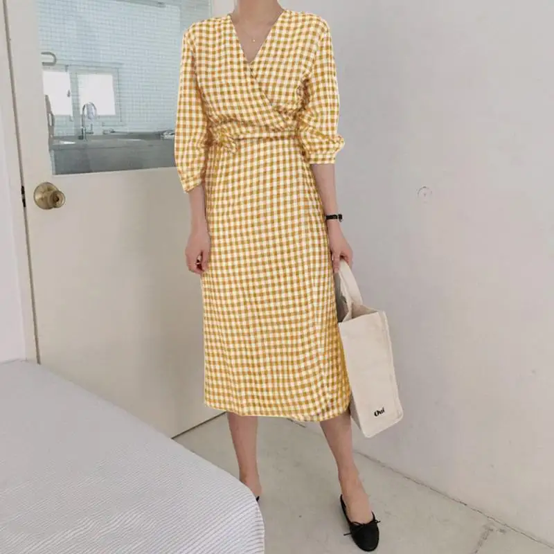 

VONDA Women Sexy V Neck Belted Holiday Dress 2022 Vintage Plaid Elegant Party Dresses Casual Retro Bohemian Party Vestidos Femme