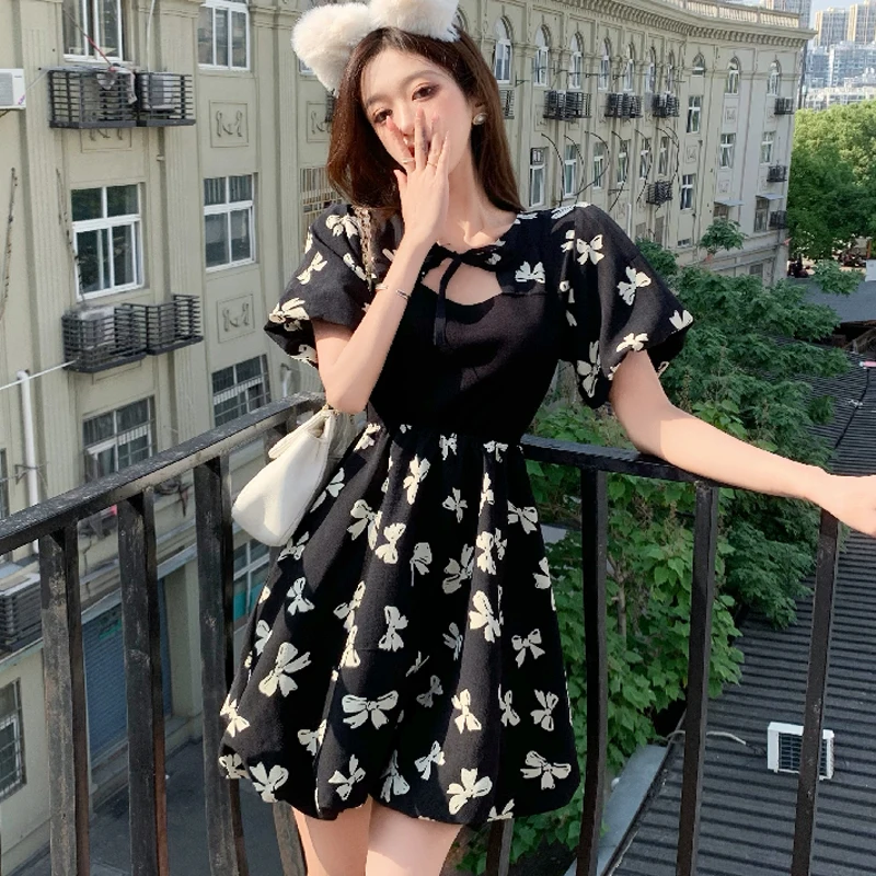 

Zoki Fashion Dress Women Casual Print Floral High Waist Straight Lace Up Puff Sleeve Mini Dress Girl Hot Street Summer New 2021
