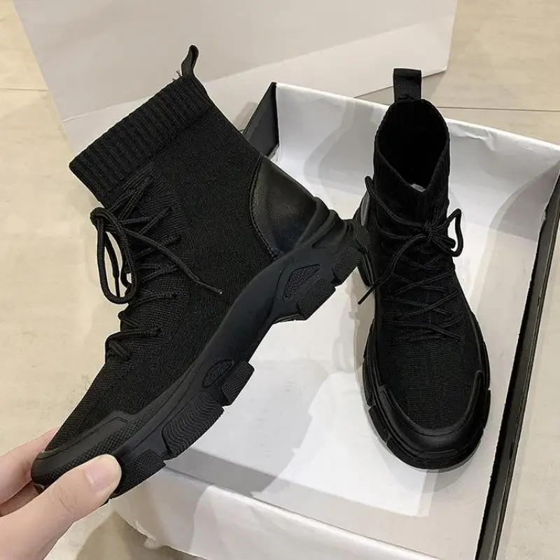 

Women's shoes 2021 fashionable and handsome lace-up breathable black Platform boot Knitted Martin socks boots