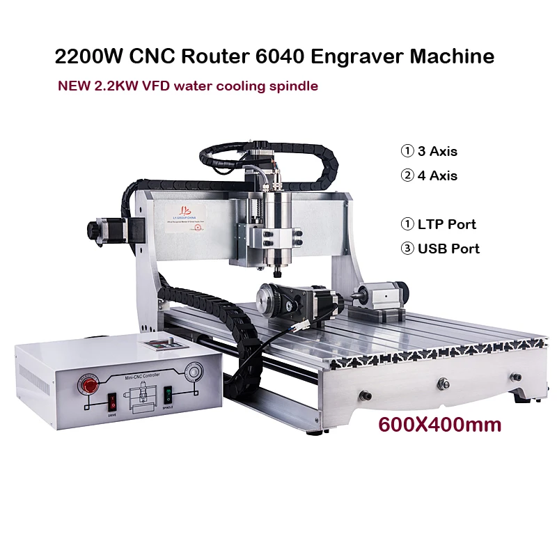 

CNC 6040 Router Engraver 2200W USB Milling Machine 3 Axis / 4 Axis for Optional with NEW 2.2KW VFD Water Cooling Spindle