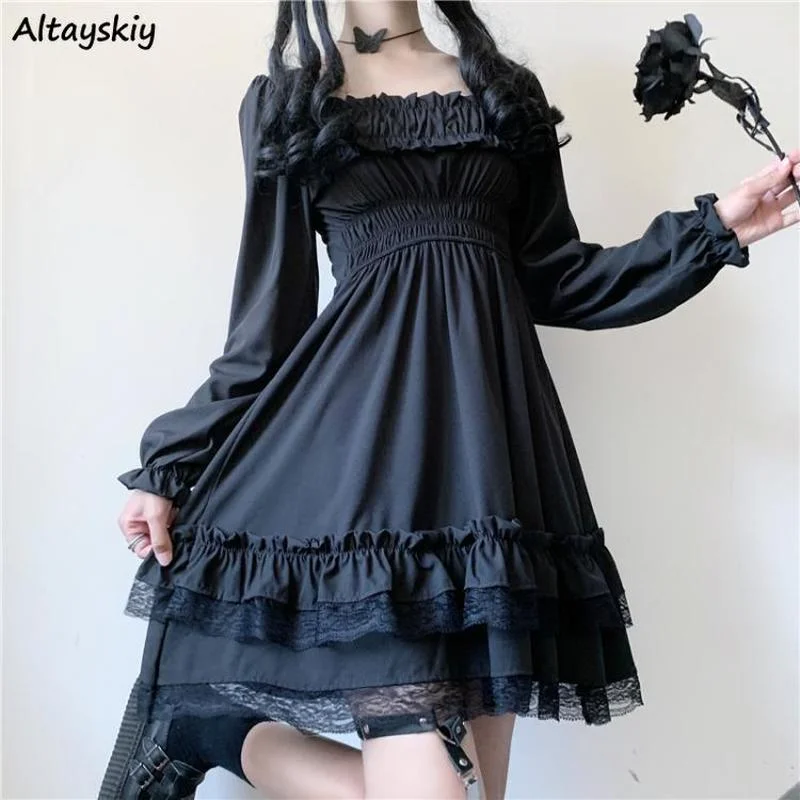 

Lace Dress Women Korean Fashion Puff Sleeve Knee Length Black Waist Dresses Girl Slim A-line Square Collar Vestidos Vintage Chic