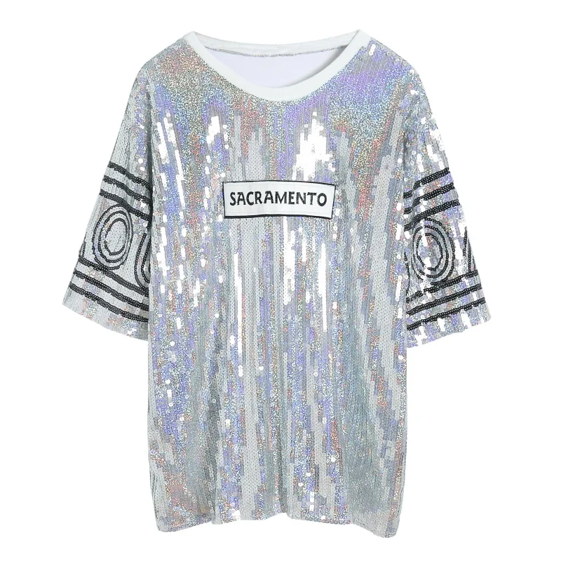 Женская футболка с блестками длинная ажурная круглым вырезом лето 2021|long t-shirt