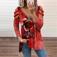 autumn womens t shirt fashion v neck zipper rose flower printing casual t shirt top sexy hollow off shoulder long sleeved top