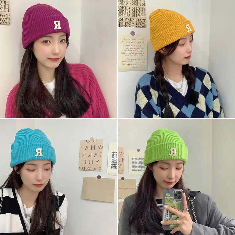 Новая зимняя шапка женская из мягкой пряжи с буквой R и яркими цветами в стиле Kpop.