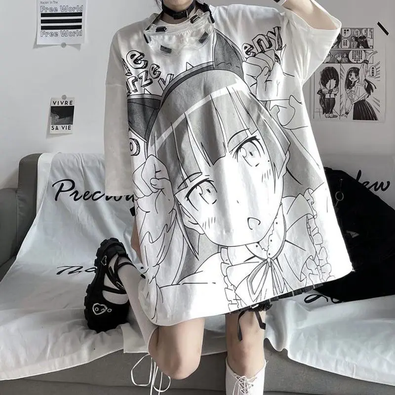 

Summer Women Short-sleeved T-shirt Japanese Harajuku Anime Girl Print Student Loose White Tops Tees Women Clothes Gothic Tshirt