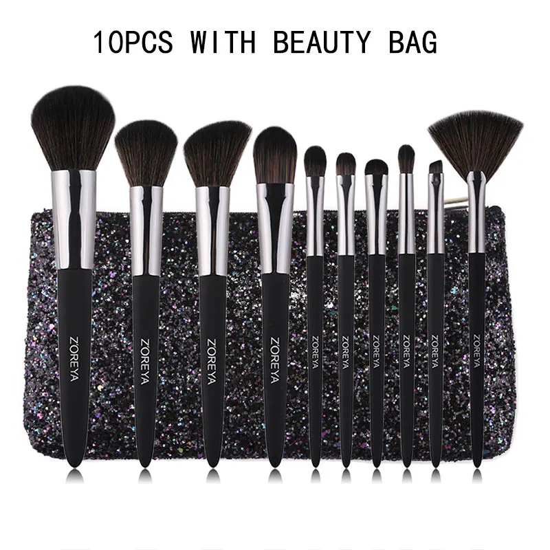 10pcs with bag ZOREYA 10 шт. черные резиновые кисти для макияжа с ручкой набор большой пудры основа для макияжа Тени для век растушевка бровей маленькая Веерная кисть - Handle Color: 10pcs with bag