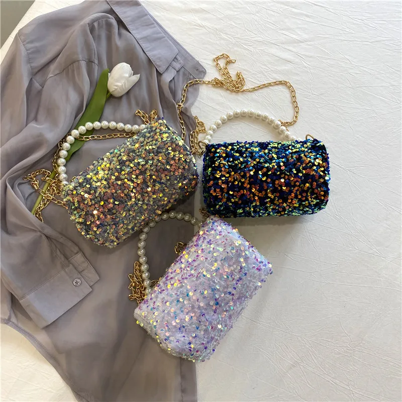 

2021 new summer western style small bag Korean fashion trendy pearl diagonal sequin small square bag underarm hand bag