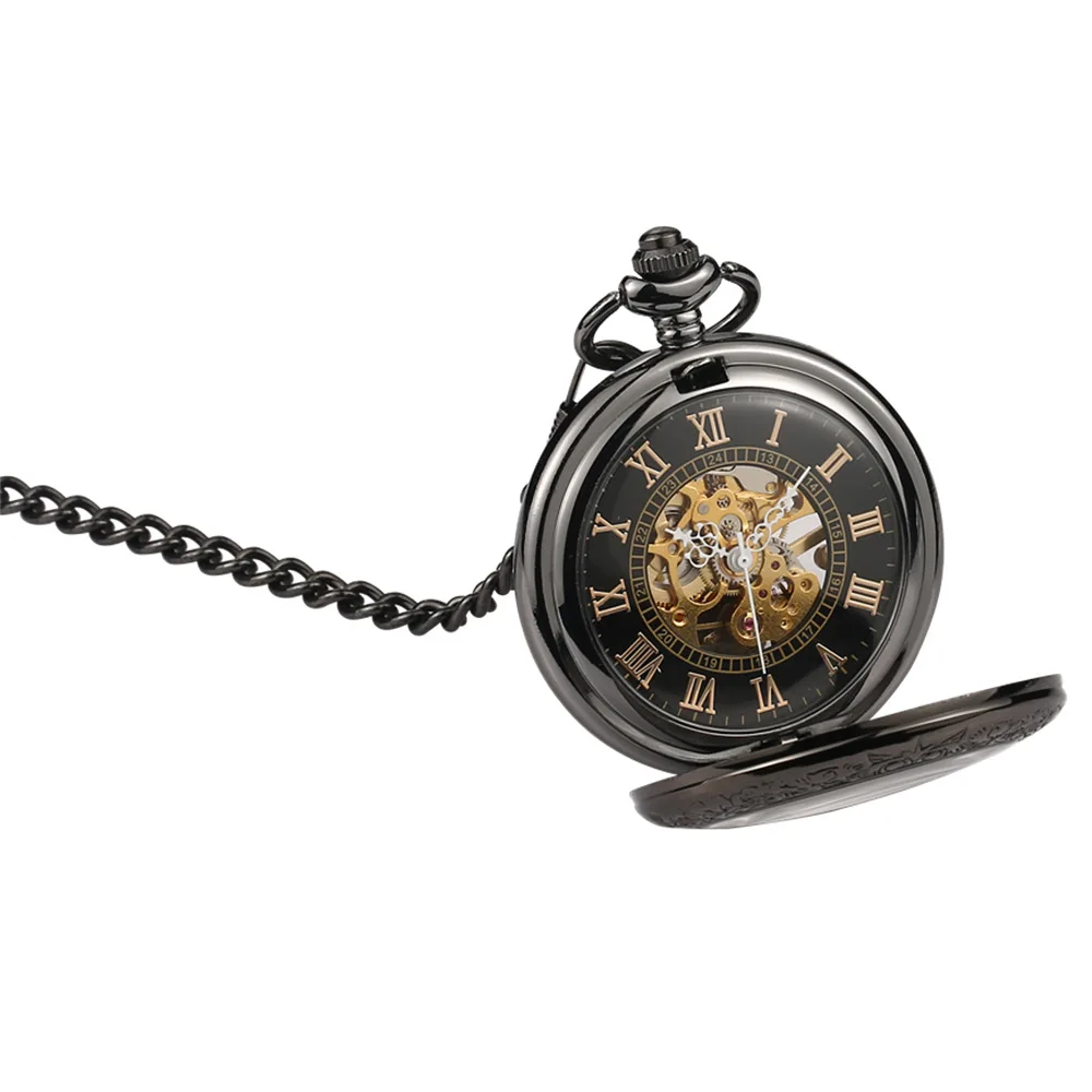 Black Steampunk Retro Machinery Pocket Watch Hollowed Necklace Movement Pocket & Fob Watches with Chain Men Women Clock Gifts
