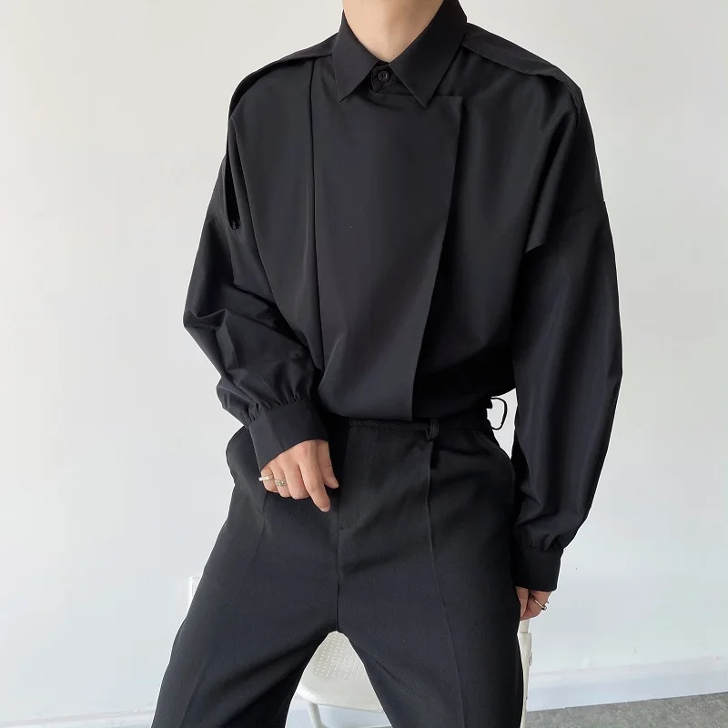 Men Folded Long Sleeve Niche Fashion Long Sleeve Loose Casual Shirts Men's Korean Japanese Harajuku Streetwear Shirt Tops Male
