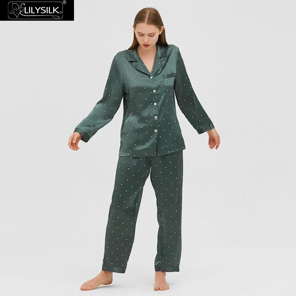 LilySilk Silk Pajamas set Classic Polka Dot New Women Free Shipping - Цвет: Square Pattern