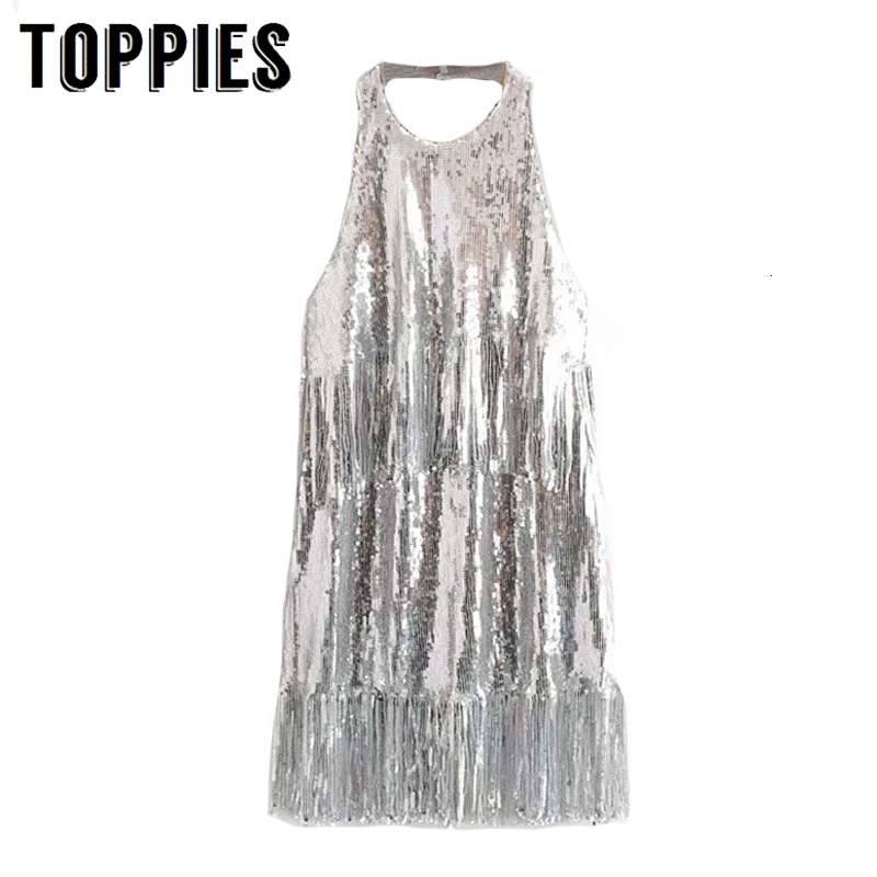 sexy silver sequined party dress women sleeveless backless tassel dress elegant ladies vestido