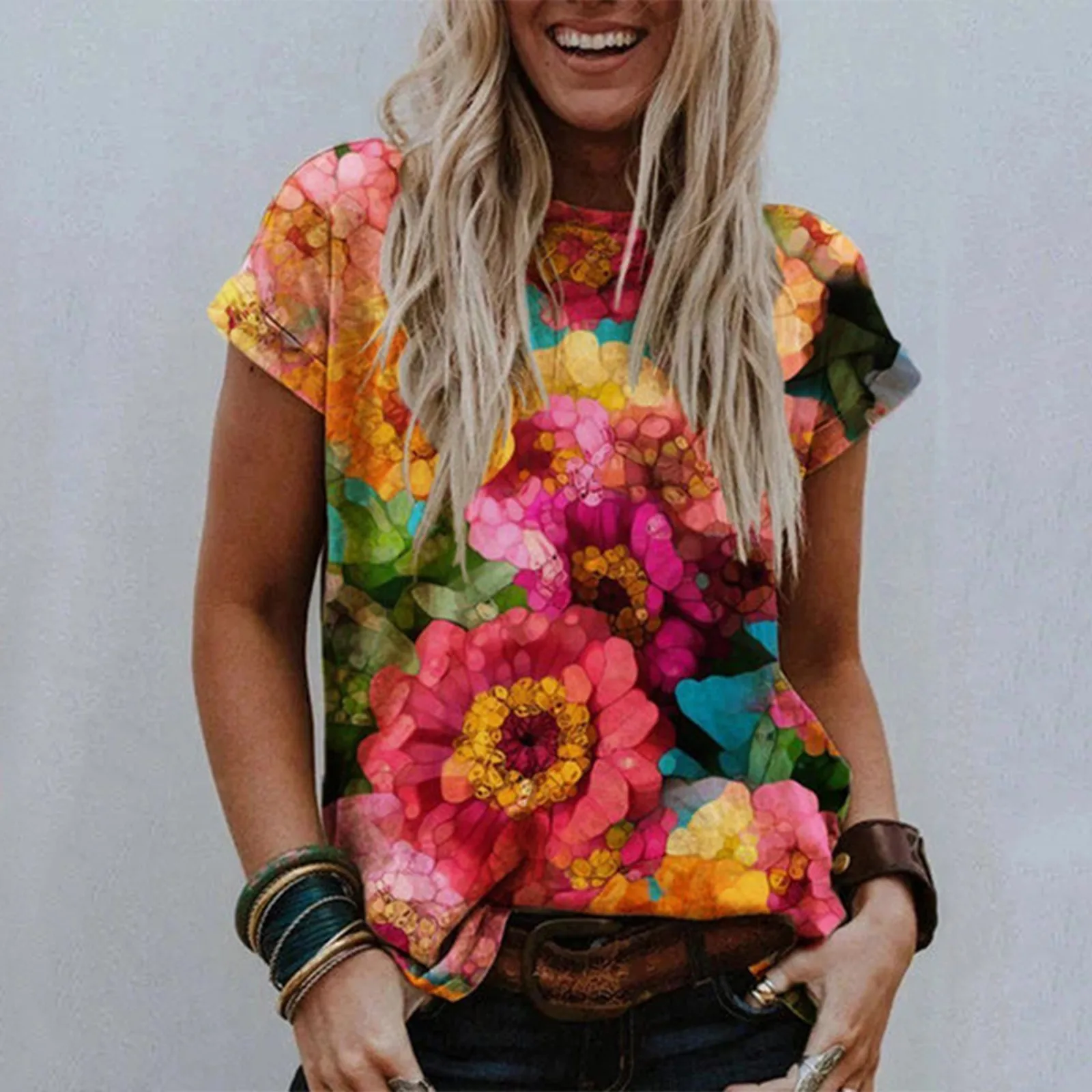 

Summer Flower Pattern T-Shirts Plus Size Women Casual Short Sleeve Printed V-Neck blusas mujer manga Corta Young Beauty Top Tee
