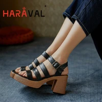 women sandals shoes elegant high heels thick bottom genuine leather waterproof platform female black brown shoes women b301
