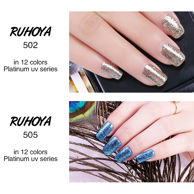 Ruhoya новый сверкающий Платиновый УФ-гель для ногтей замочить от Лаки Гель-лак