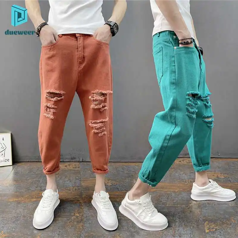 

DUEWEER Mens Jeans Big Holes Zipper Cotton Loose Softener Casual Cropped Harem Trousers Tie-Ankle Buttons Pencil Denim Pants