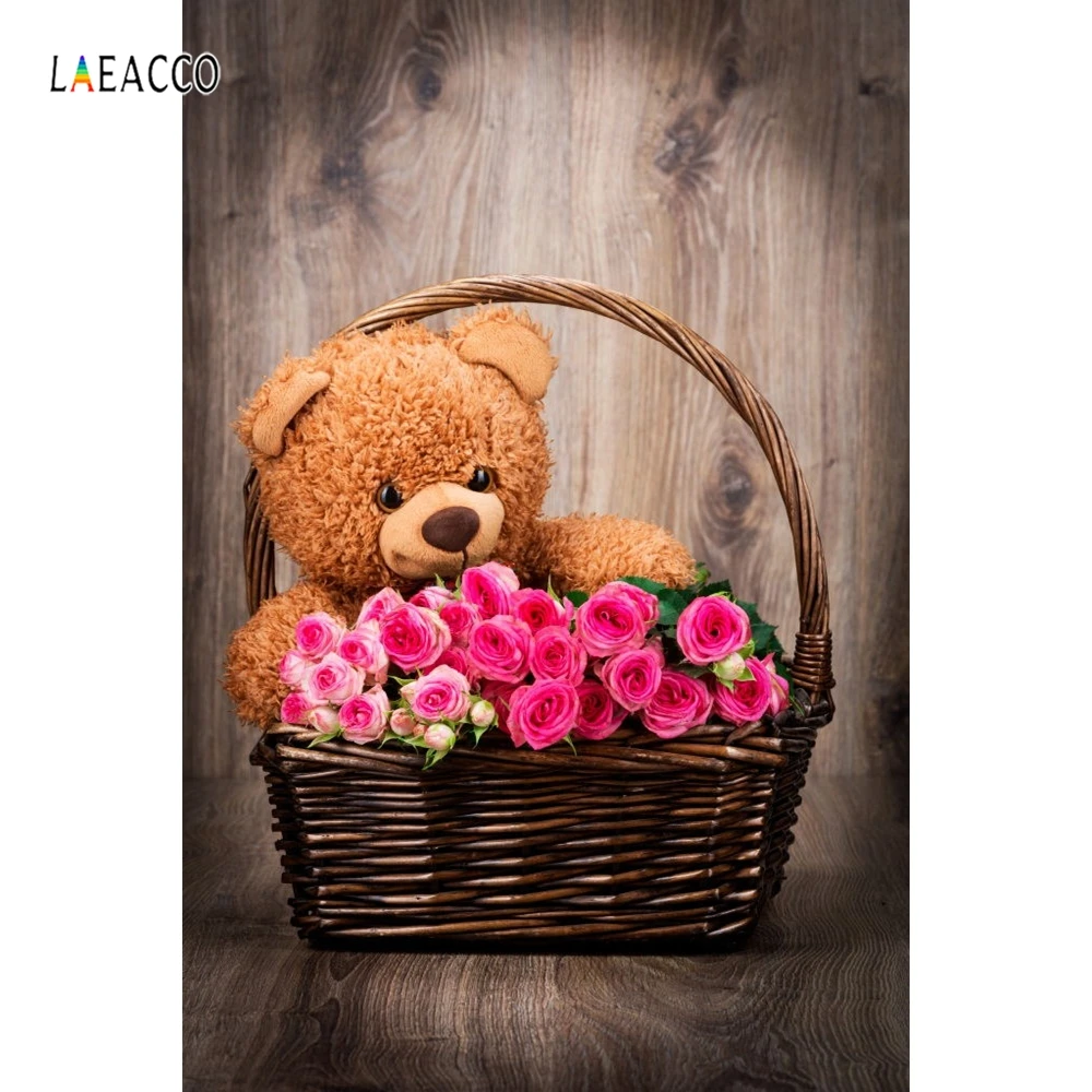 Laeacco Toy Bear Rose Flowers Basket Wooden Floor Photography Backgrounds Vinyl Custom Photographic Backdrops For Photo Studio |