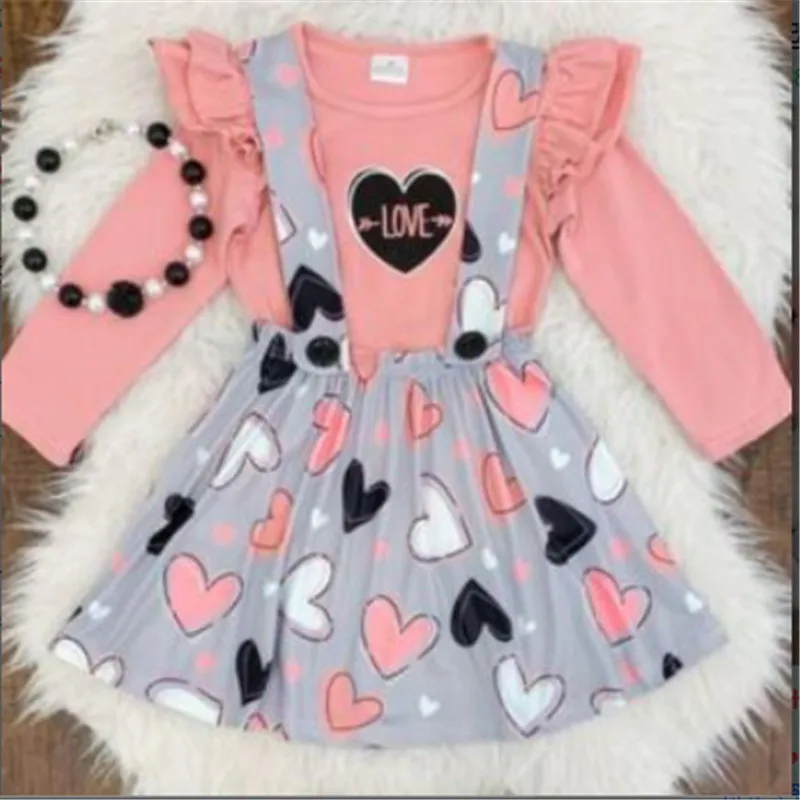 

1-6T Children's Suit With Round Collar And Two-Piece, Fashion Printed Long-Sleeve T-Shirt + Love Printed Skirt Suit With Halter