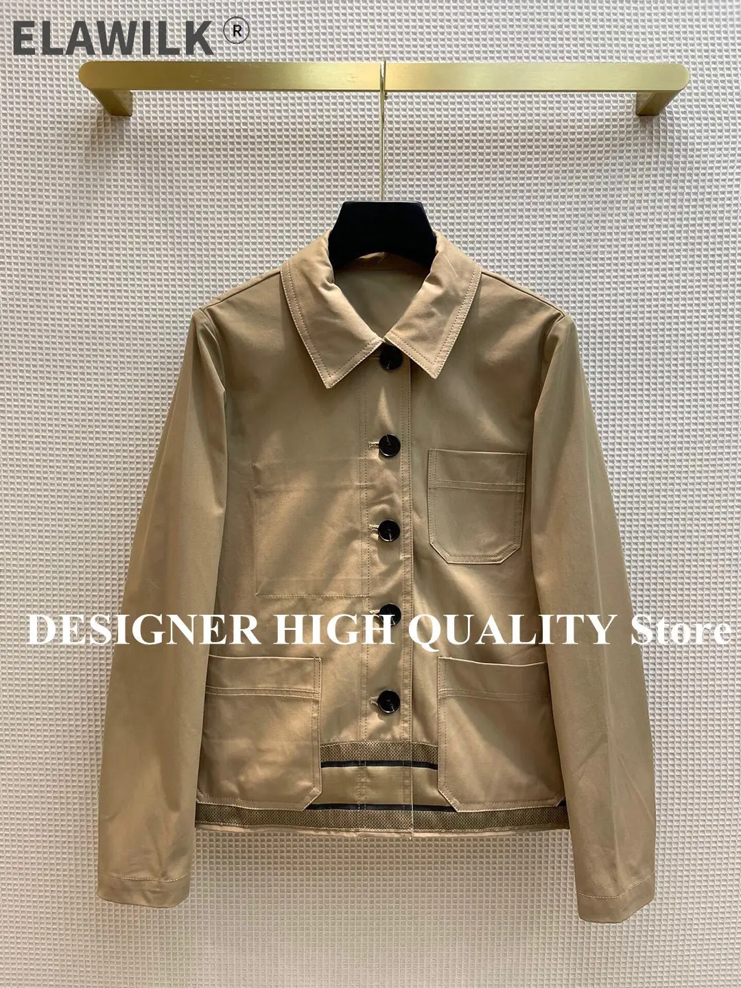

Fashion Khaki Color Safari Style Jackets Women Turn-down Collar Single Breasted Pockets Stripe Patchwork Straight Casual Coat