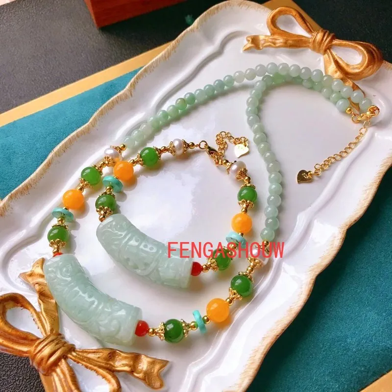 

Hot Selling Natural Hand-carve Jade Ethnic Style Multi-color Bracelet Necklace Pendant Fashion Jewelry Men Women Luck Gifts