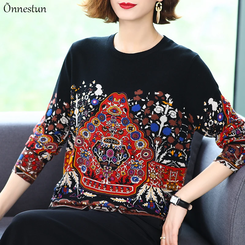 

Женский свитер с принтом, женская одежда на осень и весну, пуловер, вязаный женский джемпер с длинным рукавом, свитер с круглым вырезом для ж...