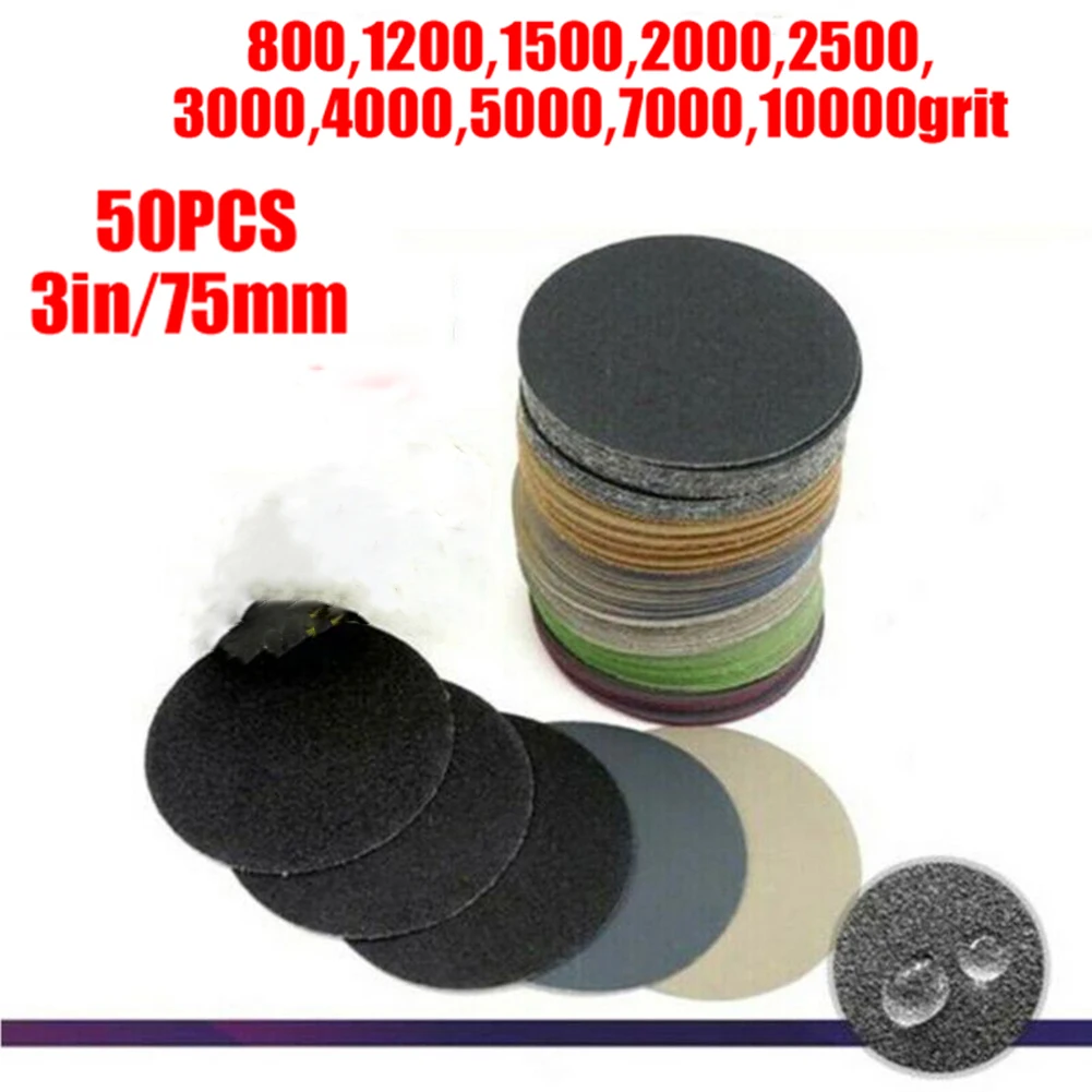 

50pcs Kit 3 Inch Diameter 75 mm Wet Dry Sandpaper Hook Loop Round Sanding Discs Abrasive Pads For Polishing Wheel Cleaning Tools