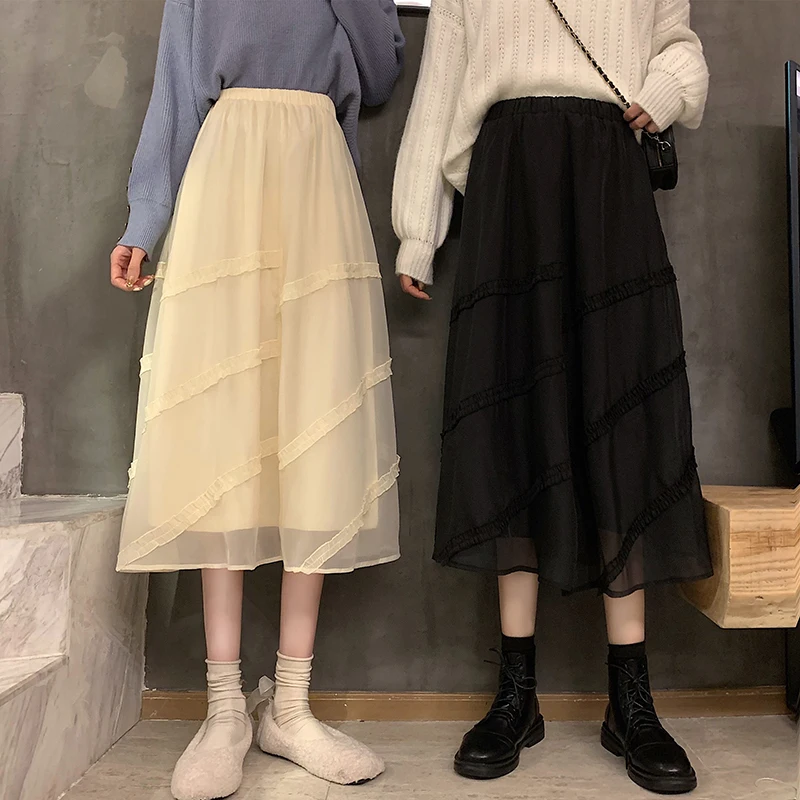 

Skirt In Autumn And Winter 2021 New Women's Elastic Waist In Winter With Sweater Medium Length A-line Mesh Black Skirt