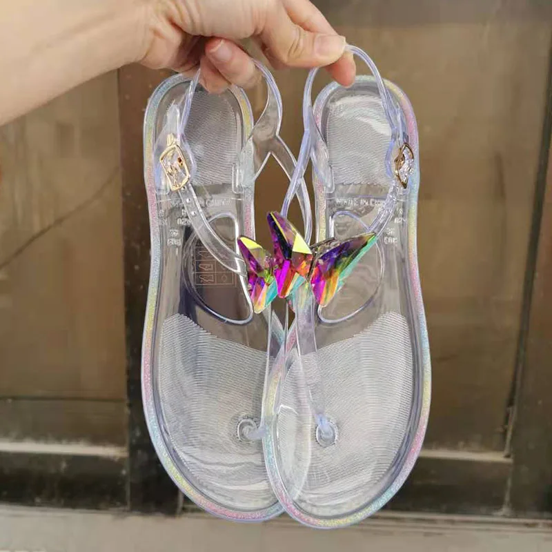 

2021 New Woman Summer Beach Sandals Transparentflat Sandal Butterfly Crystal Shiny Diamonds Fashion Ladies Shoes Big Size 36-42