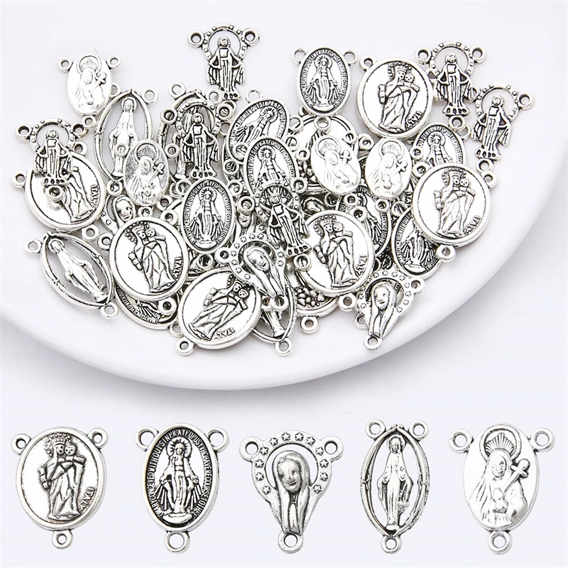 10-20pcs Antique Silver Metal Jesus Mother Mary Charm Pendants Connector for DIY Rosary Necklace Earring Tassel Jewelry Making images - 6