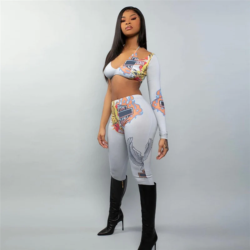 

Summer Sexy One Shoulder Long Sleeve T-Shirt and Pencil Pants Printing Two Pieces Set Casual Slim Cropped Tops Suits Set Women