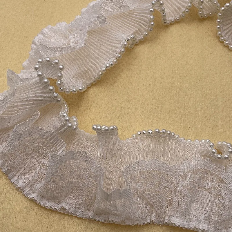 

2021 Trend Organ Pleated Ruffle Beaded Double Lace Fabric Handmade DIY Hat Dress Wedding Curtain Sewing Decoration Accessories