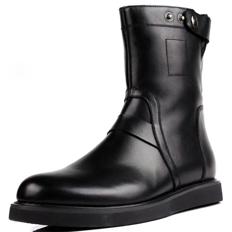 baratas Homens De Alta Qualidade Vaca Botas De Couro Genuíno Grosso Apartamentos Motociclista Sapatos Com Botão Moda Meados De Bezerro Botas Calçados Masculinos