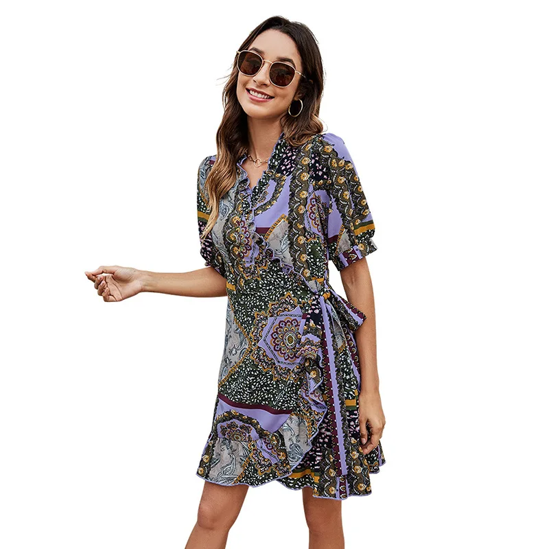 

Summer Vintage Fashion Print Dress Women New Lace Up Design Sashes Ruffles Patchwork High Waist Knee Length A-line Vestido Mujer