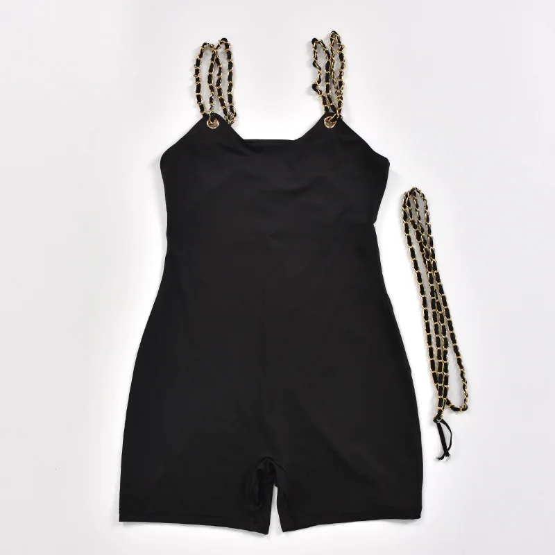 

2021 Spring Fashion Street Style Belt Playsuit Metal Chain Straps Sexy Black Skinny Women Shorts Black Jumpsuit With Sashes