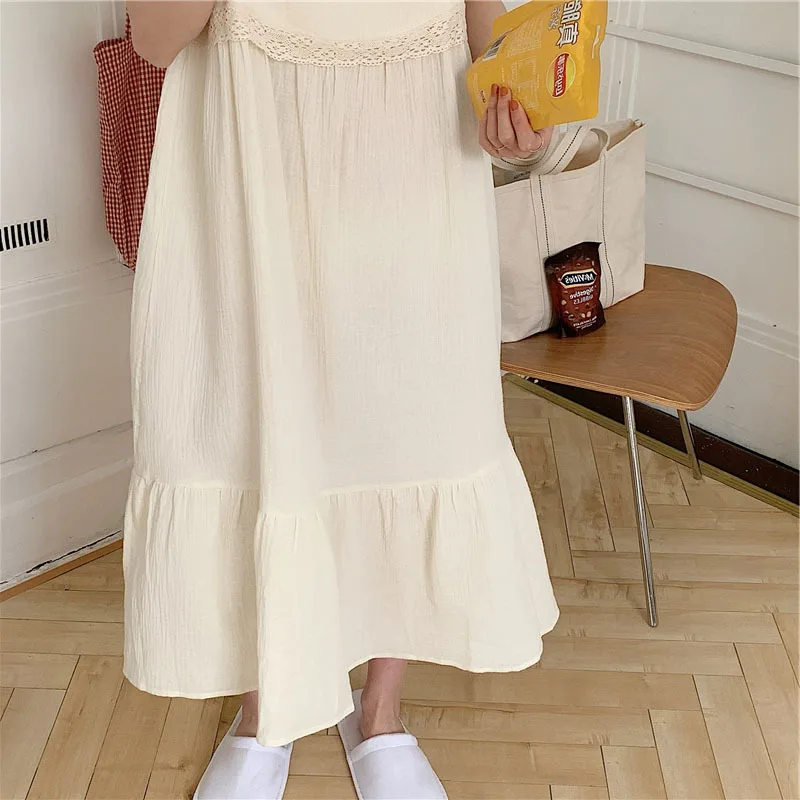 2021 Summer New Korean Pure Cotton Long Skirt Bubble Sleeve Lace Nightgown Home Clothes Women's Nightdress Female Sleepwear