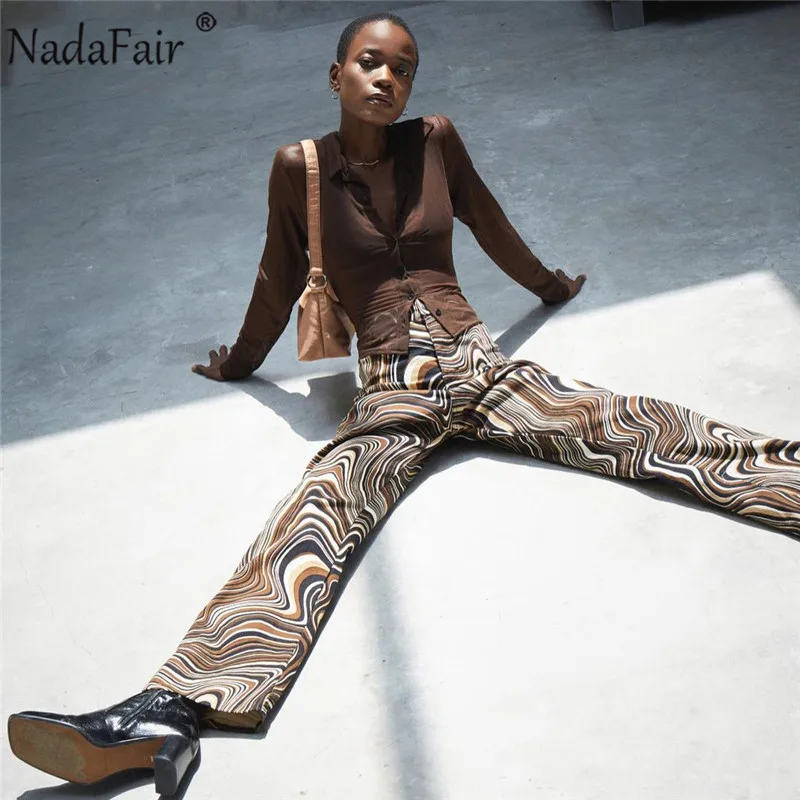 

Nadafair Tie Dye Brown Vintage High Waist Flare Pants Y2K Festival Aesthetic Clothes 90S Print Wide Leg Pant Women Trousers