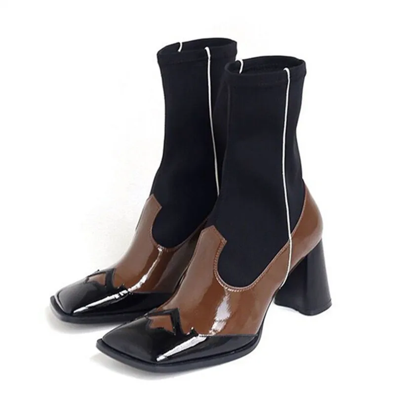 Женские ботильоны разных цветов с квадратным носком эластичные ботинки носки