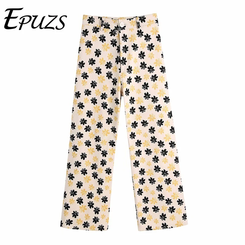 

Винтажные свободные брюки с цветочным принтом, Женские винтажные прямые брюки с высокой талией, повседневные длинные брюки, уличная одежда ...