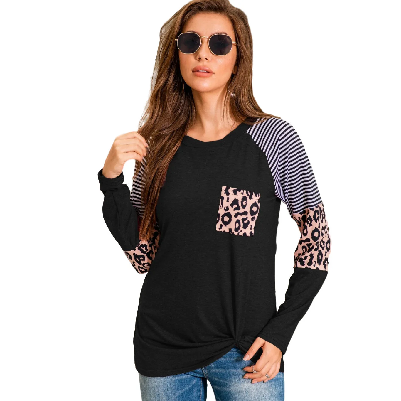 

2021 Autumn and Winter European and American Women's Striped Leopard Splicing Long Sleeve round Neck Shirt T-shirt Women