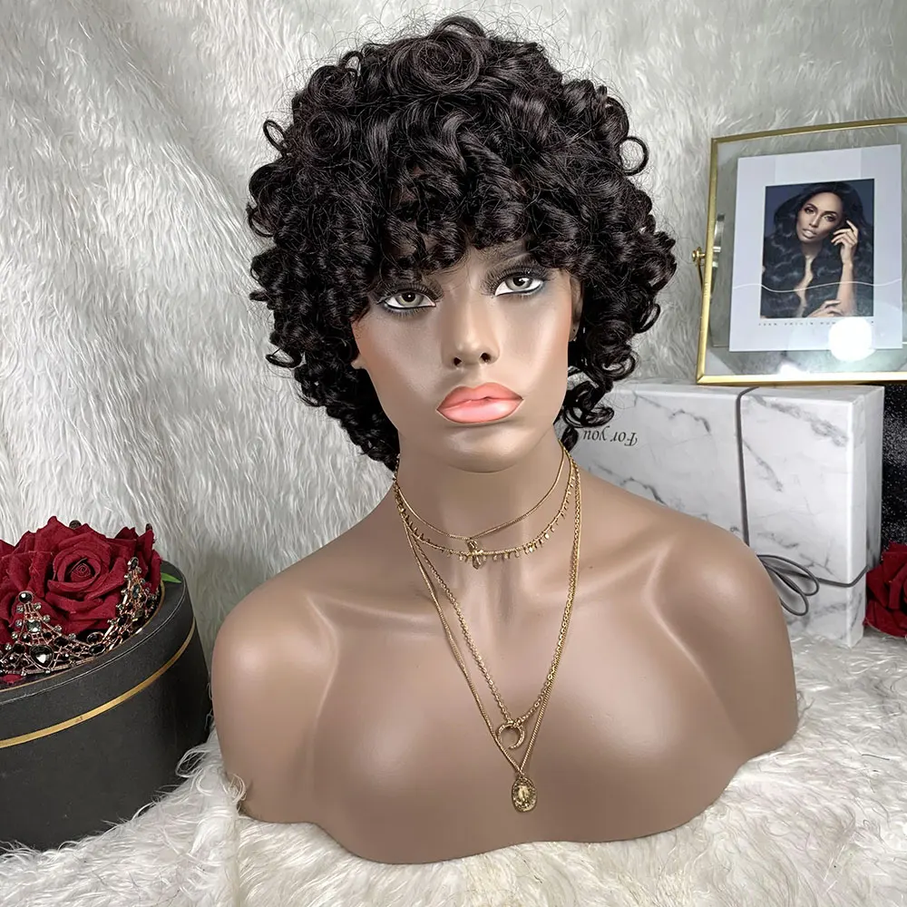 

TOOCCI Pixie Cut Human Hair Wig Short Wigs For Black Women With Bangs Cheap Short Wig Brazilian Natural Hair Perruque humaine