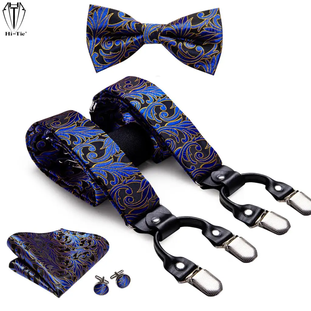 Hi-tie New Jacquard Silk Mens Suspenders Set Blue Black Flower 4PC 6 Clips Male Braces Bowtie Pocket Square Cufflinks 3.5cm wide