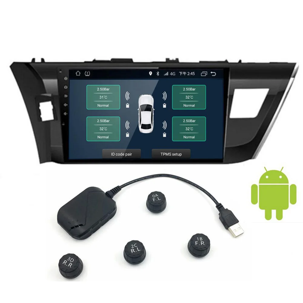 Автомобильный монитор давления в шинах USB Android TPMS с 4 внешними датчиками система