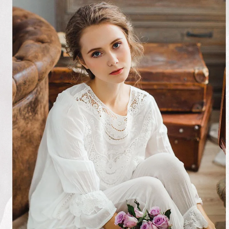 2 pieces women sleepwear French count wind Pajamas set cotton pajamas for female lace Princess bow home service Romatic suit