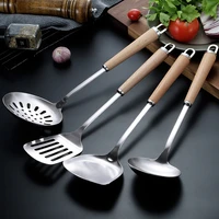wood handle wok spatula stainless steel cookware soup ladle spoon turner kitchen cooking utensil set dropshipping kitchen tools