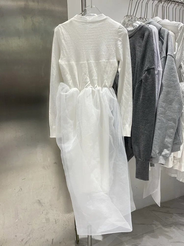 

Pure color round neck pullover stretch knit stitching organza loose irregular dress ladies autumn new fashion all-match