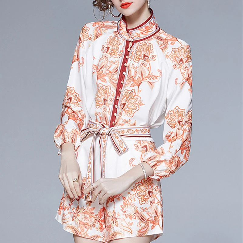 

SISPELL Print Hit Color Two Piece Sets For Female Stand Collar Long Sleeve Blouse With High Waist Lace Up Bowknot Shorts Tide