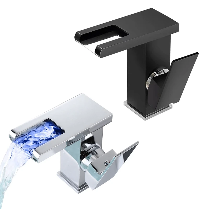 

LED Waterfall Bathroom Basin Faucet Single Handle Cold Hot Water Mixer Sink Tap RGB Color Change Powered by Water Flow